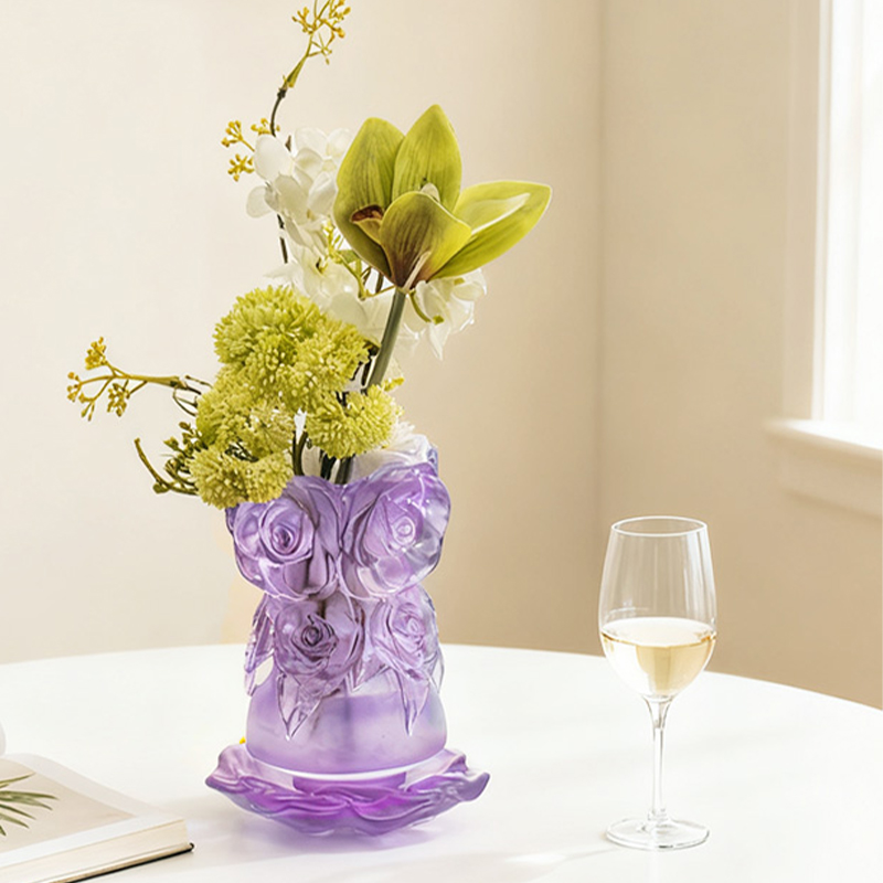 ロストワックス鋳造法ガラス ホームインテリア クリスタルガラス花瓶「ローズ花瓶」