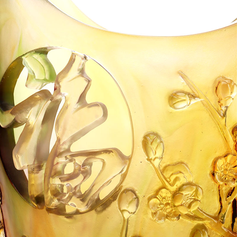 ホームデコレーション梅の花彫刻デザイン琥珀ガラス花瓶