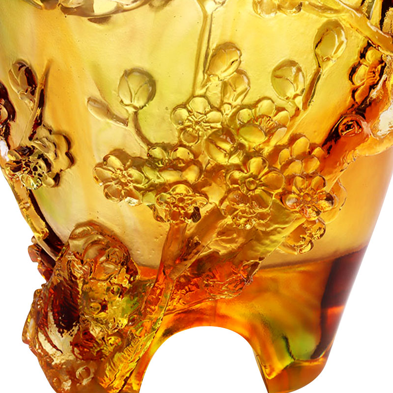 ホームデコレーション梅の花彫刻デザイン琥珀ガラス花瓶