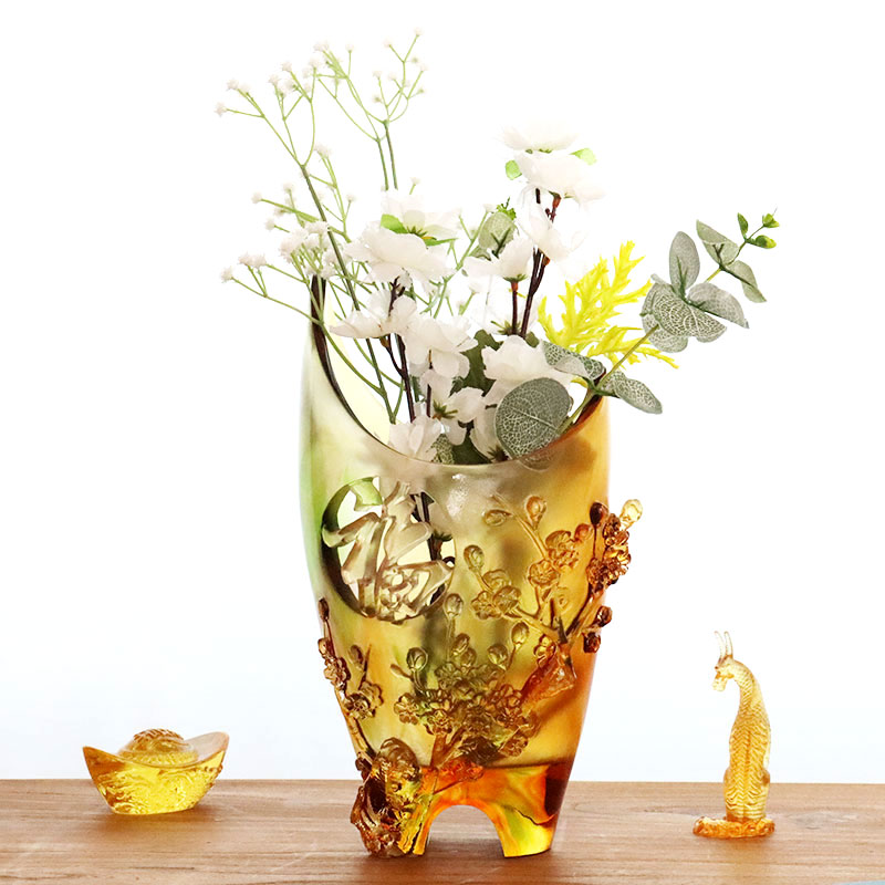 ホームデコレーション梅の花彫刻デザイン琥珀ガラス花瓶
