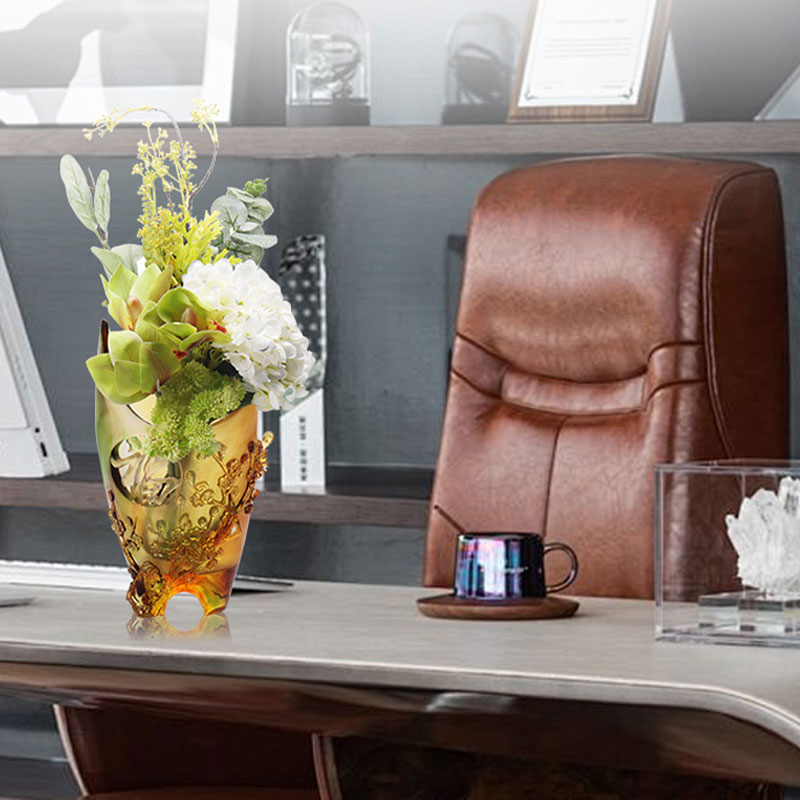 ホームデコレーション梅の花彫刻デザイン琥珀ガラス花瓶