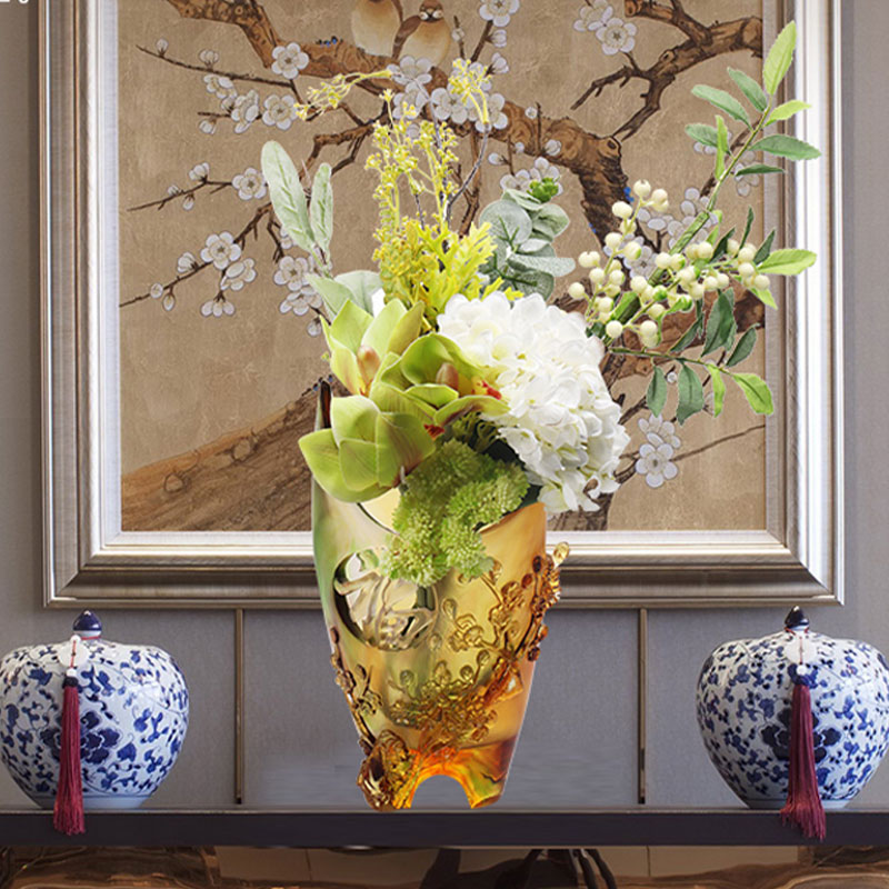 ホームデコレーション梅の花彫刻デザイン琥珀ガラス花瓶